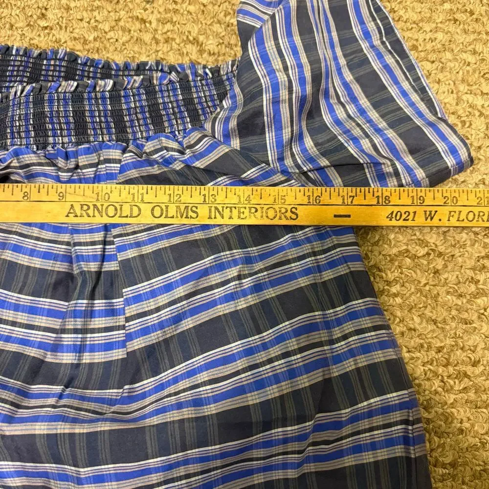 Chic J. Crew Collection Black and Blue Plaid 100% Silk Off the Shoulder Blouse